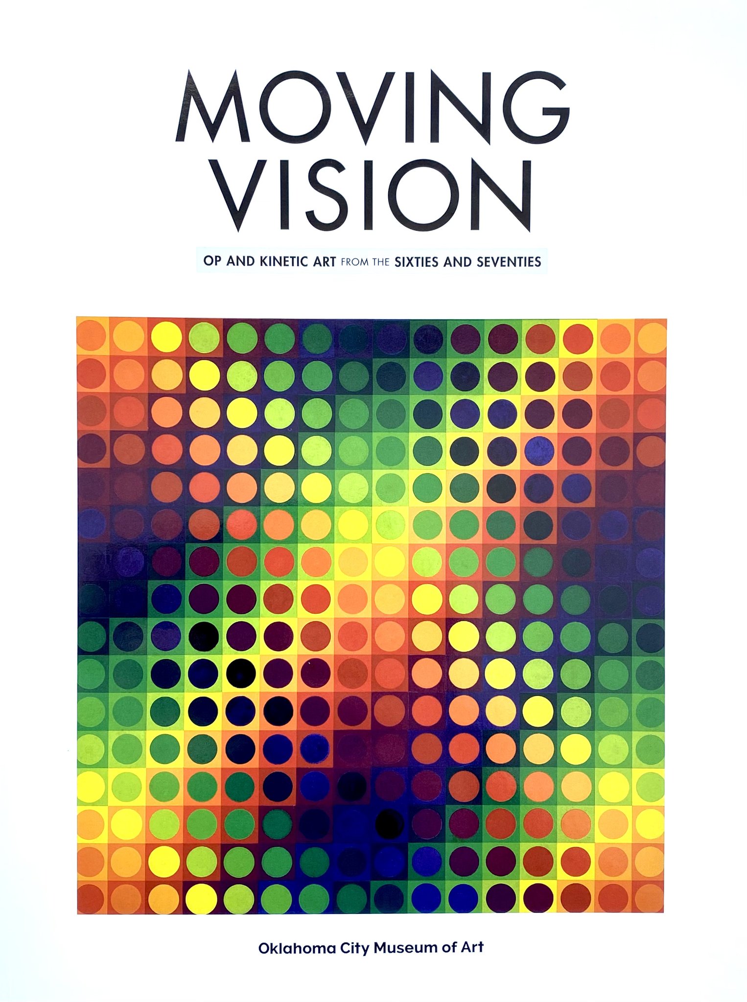 Exhibition catalog cover featuring a reproduction of a colorful artwork made up of more than 200 circles within squares